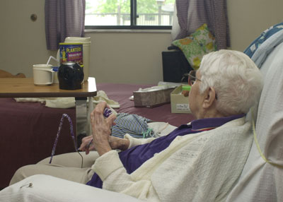 Hazel Peak relaxes in her trusty recliner at Celina Manor Nursing Home. A former caregiver, recently convicted of theft, initially told authorities she spent nearly a thousand dollars of the woman's money to purchase a lift chair for her. This is the second time 99-year-old Peak has been victimized by someone she trusted to the tune of more than $32,000.<br>dailystandard.com