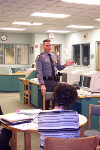 Lt. Dan Lay, commander of the Wapakoneta post of the Ohio State Highway Patrol, stresses the importance of buckling up and slowing down during a Monday meeting of the Celina High Academic & Motivational Promoters (CHAMP).<br>dailystandard.com