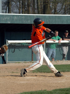 Coldwater's Troy Siefring connects for one of his three hits during the Cavaliers' game with Celina on Monday. Siefring had three hits and three runs scored in the Cavs' 11-6 victory.<br>dailystandard.com