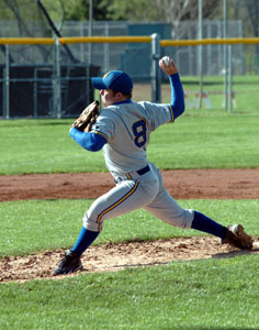 St. Marys pitcher Jared Ackley delivers a pitch to the plate during Thursday's contest against Coldwater at K.C. Geiger Park. Ackley had his best start of the season in shutting out Coldwater, 1-0.<br>dailystandard.com
