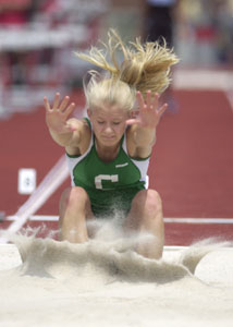 Celina freshman Julie Snyder competes in the long jump during the state track meet on Friday in Columbus. Snyder didn't reach the finals of the long jump competition.<br>dailystandard.com