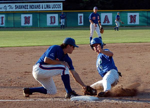 Grand Lake's Wayne Bond, right, tries to advance to third base on a flyout but Lima third baseman Mark Abro, left, makes the tag for the out on a perfect throw from Lima rightfielder Jay Morrow, far back right, on Thursday night. <br>dailystandard.com