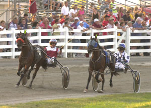 Jim Dailey, left driving San Fran Forever points to Russell Swartz, driving Mr. Mint, during the fourth race at the Auglaize County Fair. The race went to a photo finish as San Fran Forever edged out Mr. Mint for the win.<br>dailystandard.com