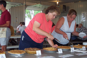 Rita Siefring, at left, and Jodi Brunswick cut samples of freshly baked apple pies for judges at the Burkettsville Community Picnic. The Sunday afternoon competition drew 12 entries with area resident Alice Rindler taking first prize.<br>dailystandard.com