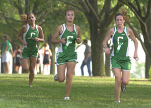 Celina runners, from left, Heather Petrie, Jenn Blacketer and Melissa Roth take off at the start of Tuesday's quadrangular meet at Wright State University-Lake Campus. Roth won the race with Blacketer third and Petrie sixth.<br>dailystandard.com