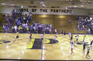 Parkway cheerleaders and boys and girls basketball players take to the floor during a Thursday night pep rally in Panther Gymnasium. The last game to be played in the 30-year-old gym will take place tonight against Coldwater.<br></br>dailystandard.com