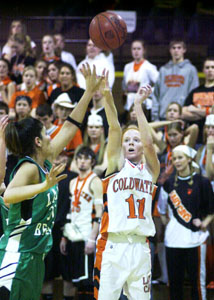 Coldwater's Renee Hemmelgarn, 11, shoots a jumper over a Margaretta defender during their Division III regional final contest on Saturday at Lexington. Margaretta defeated Coldwater, 38-33.<br></br>dailystandard.com