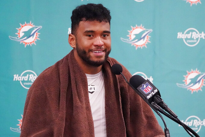 Miami Dolphins quarterback Tua Tagovailoa (1) talks during a post game news conference after an NFL football game against the Buffalo Bills, Sunday, Sept. 25, 2022, in Miami Gardens, Fla. The Dolphins defeated the Bills 21-19. (AP Photo/Wilfredo Lee )