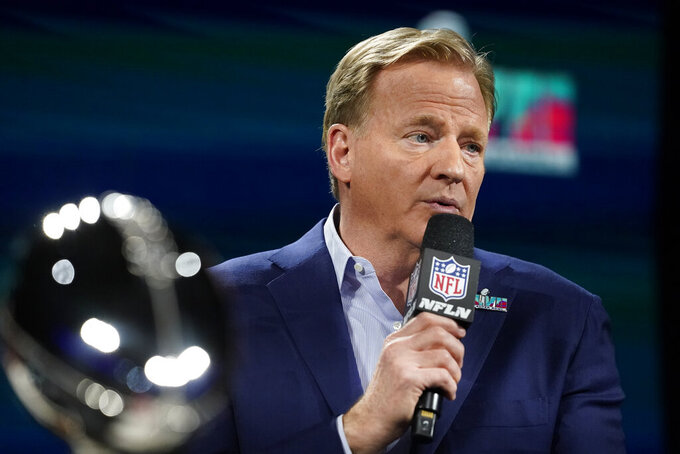 NFL Commissioner Roger Goodell speaks during a news conference ahead of the Super Bowl 57 NFL football game, Wednesday, Feb. 8, 2023, in Phoenix. The Kansas City Chiefs will play the Philadelphia Eagles on Sunday. (AP Photo/Mike Stewart)