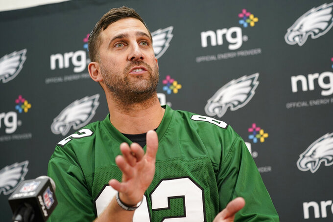 Philadelphia Eagles head coach Nick Sirianni gestures as he answers questions during a news conference at the end of an NFL football game against the Washington Commanders, Sunday, Sept. 25, 2022, in Landover, Md. Eagles won 24-8. (AP Photo/Susan Walsh)