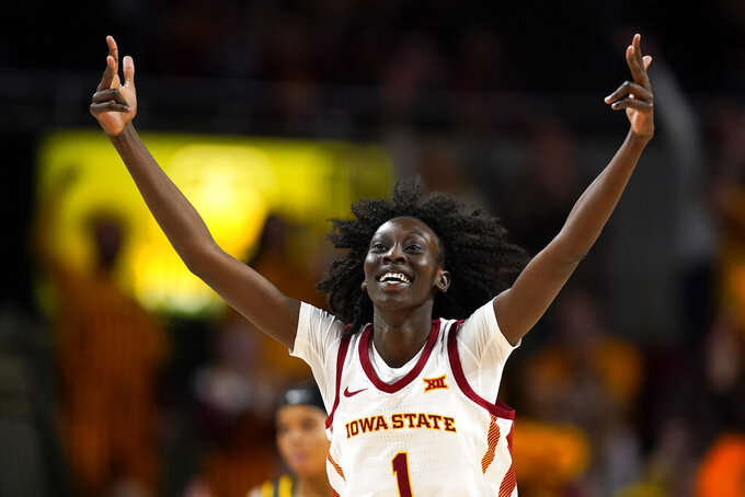 Iowa State forward Nyamer Diew celebrates after making a 3-point basket during the second half of an NCAA college basketball game against Baylor, Saturday, Feb. 4, 2023, in Ames, Iowa. (AP Photo/Charlie Neibergall)