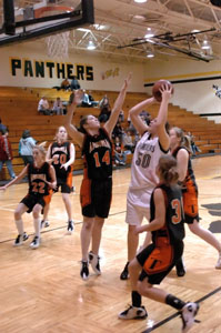 Parkway's Addie Hays, 50, tries to shoot over Ansonia's Amanda Fraley. Hays scored 17 to help Parkway beat Ansonia 43-41.<br>dailystandard.com