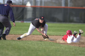 Minster's Aaron Heitbrink, left, has the ball in his glove and waits for Wapakoneta's Collin Zwiebel, right, to record the out at second base during their rescheduled game on Wednesday. Wapakoneta defeated Minster, 7-0.<br></br>dailystandard.com