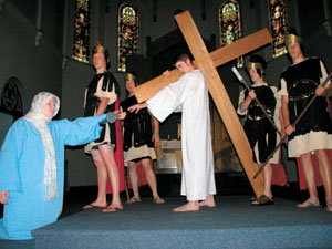 Members of St. Bernard Parish Catholic Youth Group of Burkettsville act out  the scene 