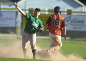 Coldwater's Tony Harlamert, 18, is out at second base as Celina's Jimmy Fishpaw, left, throws to first during the second inning on Monday night in Mercer County ACME action at Eastview Park. Coldwater blew the game open in the second frame with nine runs en route to an 11-4 win over Celina.<br></br>dailystandard.com