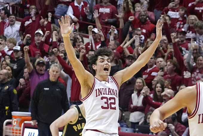 Indiana's Trey Galloway reacts after Indiana defeated Purdue in an NCAA college basketball game, Saturday, Feb. 4, 2023, in Bloomington, Ind. (AP Photo/Darron Cummings)