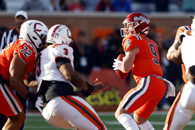 National quarterback Jake Haener, of Fresno State (9), throws a pass during the second half of the Senior Bowl NCAA college football game, Saturday, Feb. 4, 2023, in Mobile, Ala.. (AP Photo/Butch Dill)